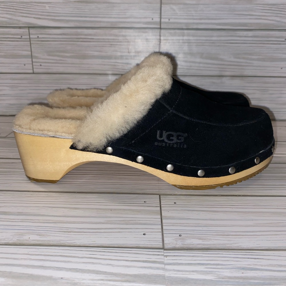 UGG Black Suede Shearling Clogs